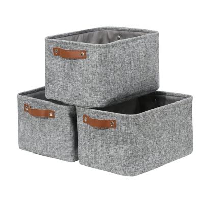 China Cotton Canvas Canvas Storage Viable Basket Collapsible Boxes For Organizing With PU Leather Handles For Toys And Clothes for sale