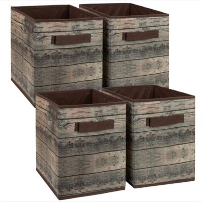 China Folding Folding Cube Fabric Storage Baskets Wood Grain Printing Storage Box For Shelves for sale