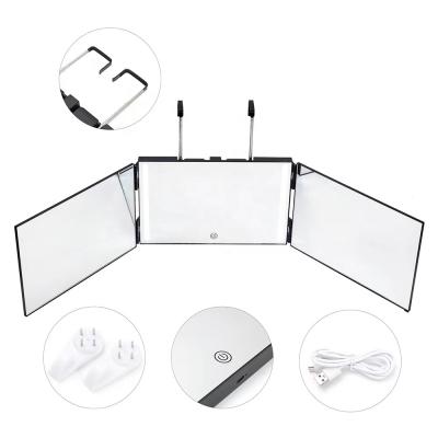 China Lighted Telescopic Hook Hanging Makeup Black Three Side Folding Mirror With Real Grass for sale