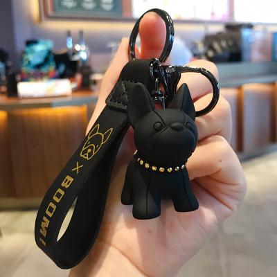 China Cute Cute Dog Keychains Crystal Faux Stone Leather Strap French Bulldog Keychain Lanyard for sale