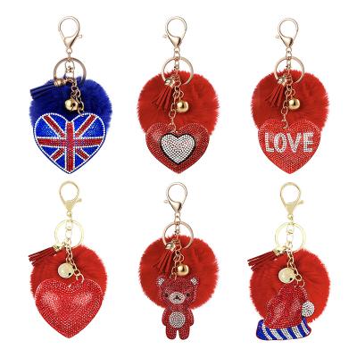 China Eco Friendly Women Bag Multi Color Crystal Rhinestone Bear Keychain Fluffy Pom Pendant Ball Keychains for sale