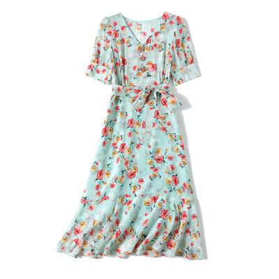 China French Fashion Silk Summer Women's Casual Breathable V-neck Dress Small Floral Skirt for sale