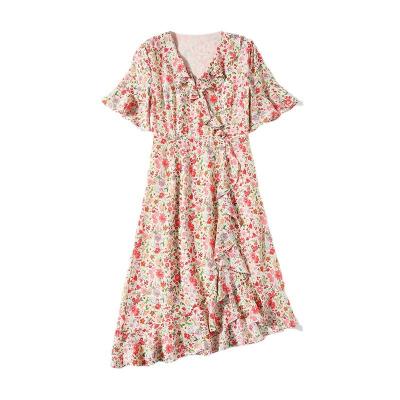 China 100% Real Crepe Dress Summer Breathable Silk Floral Print V Necks Ruffled Slim Short Sheaths Short Dresses for sale