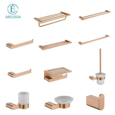 China Modern Bathroom Rose Gold Hardware Set Black Robe Hook Towel Rail Rack Shelf Paper Holder Toothbrush Holder Bathroom Accessories for sale