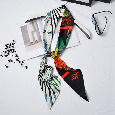 China Hot American style small ribbon parasol decoration decorative scarf bag with ladies scarf printing double side twill tied bag handle silk scarf for sale