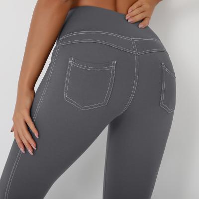 China Antibacterial Pocket Denim High-waisted Yoga Hip-lifting Pants Sanded Naked Sports Tights Fitness Pants Yoga Pants Gaiters Women for sale