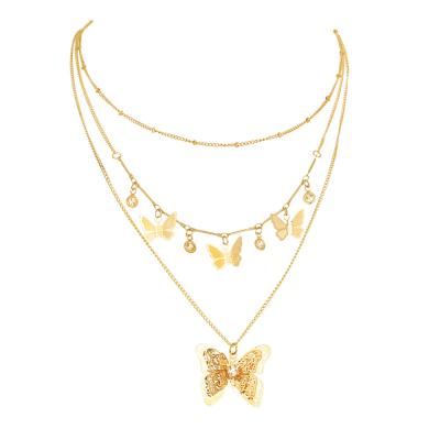 China Vintage 3D Geometric Layered Butterfly Pendant Necklace Multi Cavity 14k Gold Plated Delicate Butterfly Tassel Necklace for sale