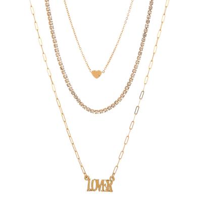 China Vintage kc Gold Plating Clasp Link Chain Tasty Rhinestone Chocker Chain Layered Fashion LOVER Letter Pendant Necklace for sale