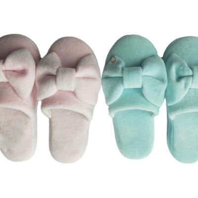 China Customized Furry Slippers Ladies Pink Bowknot Plush Ladies Bedroom Home Slipper for sale