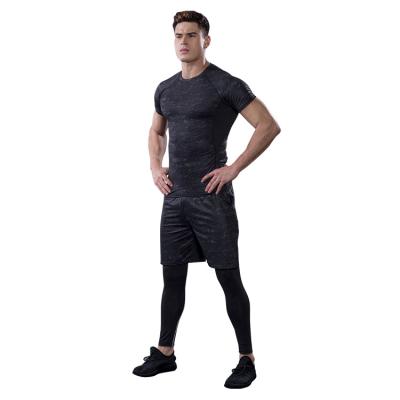 China Men Gym Workout Sport Breathable Sport Fitness Training Gaiters Breathable Quick Dry Pants Shorts T Shirt Wear Sportswear 3 Pieces Set for sale