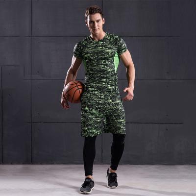 China Basketball Sports Gym Workout Sweat Breathable Custom Logo Print Dry Shorts Pants Quickly Slimming Gaiters T-shirt Wear Set Suit For Men for sale