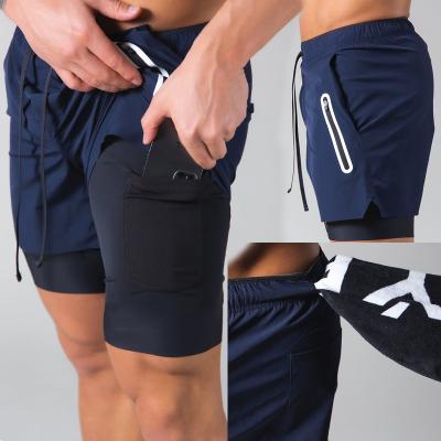 China Factory Price Anti-Wrinkle Double Layer Men Gym Outdoor Fitness Quick-Drying Casual Zipper Running Shorts Shorts Training Shorts With Lining for sale