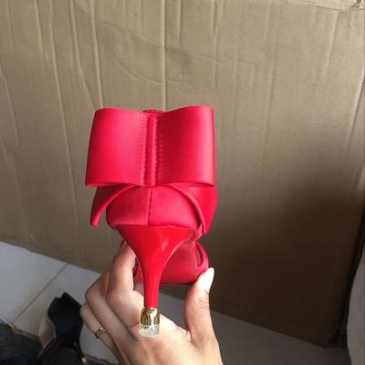 China 2021 new fashion ladies trend rhinestone bowknot pointed satin slippers tie up high heel stiletto sandals for sale