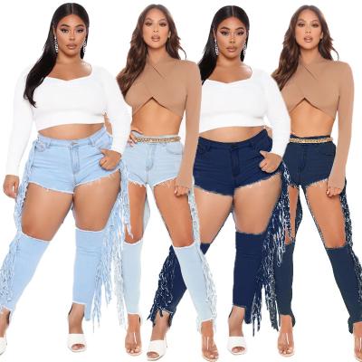 China Plus size plus size jeans for women jeans ripped tassel trend stretch style pencil pants ladies slim jeans pants new for sale