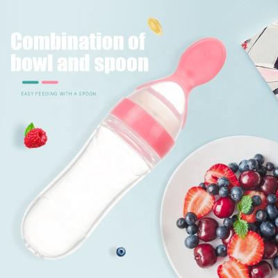 China Free Feeding Spoon Paste Rice Food BPA Kids Bottle Silicone Squeezable Baby Feeding Bottle With Spoon For Newborn for sale