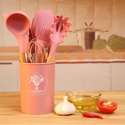 China Free Sample Pink 6 Viable Color 12 Pcs Wooden Handle Cooking Tools Accessories Instruments Silicone Kitchen Utensil Set for sale