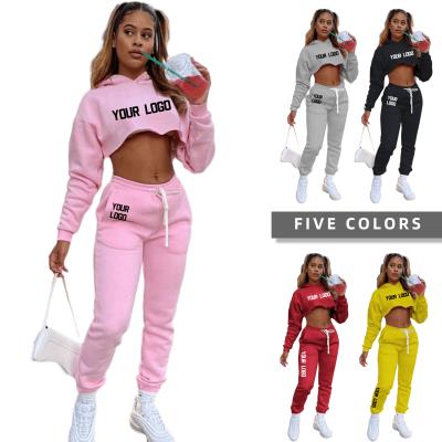 China Anti-wrinkle Sweatshirt Crop Hoodies Top Custom LOGO Hooded Tracksuit Pants And Sweatshirts Sweat Suit Set Women Winter for sale