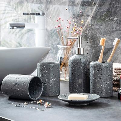 China Sustainable Ceramic Bathroom Accessory Set In Tray Soap Dispenser Cup Bathroom Soap Dish Toothbrush Holder for sale