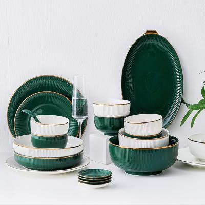 China Luxury Viable And White Chinese Style Dinnerware Vintage Green Set Customize Ceramic Plateware Dinnerware Set for sale