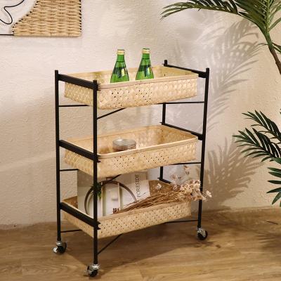 China Minimalist Metal &Bamboo Maker Trolley Three Layer Hand Cart Food Cart Trolley Cart for sale