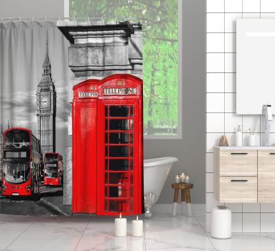 China Durable Wholesale Waterproof Polyester Bathroom Shower Curtain Red Phone Booth 3D Printed Bath Curtain for sale