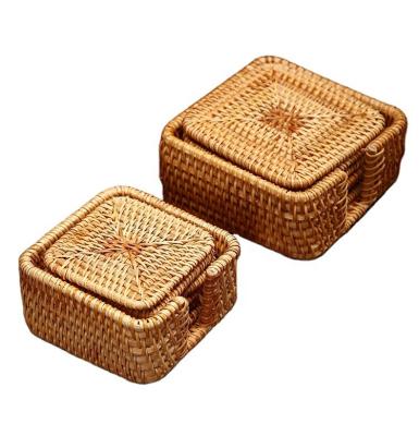 China Sustainable Bamboo Hand Knit Vietnam Cane Mat Teapot Kitchen Bamboo Coaster Style Natural Rattan Set Mat With Coaster Set Table Tray for sale