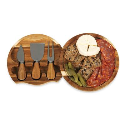 China Disposable Acacia Wood Turning Cheese Board Set With Cheese Tools, Round Cheese Board With Edge And Lip for sale