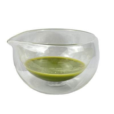 China Sustainable Matcha Glass Bowl With Ceremonial Textured Clear Glass Double Bowl Wall Spout Matcha Glass Pouring Cup for sale