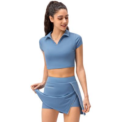 China Sexy Mini Split Skirt Gym Fitness Crop Polo Shirts Sets With Split Sexy Grass Tennis Skirt Sports Wear Breathable Comfortable Feminine Women for sale