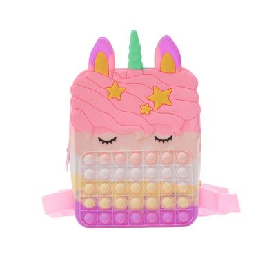 China Viable Hot Sale Girls Mini Fashion Push Noise Wiggle Toys School Bags Silicone Rainbow Unicorn Bags for sale