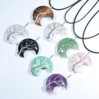 China Wholesale FASHIONABLE Natural Amethyst Crystal Stone Pendant, Hand-wound tree of life moon necklace pendant jewelry for sale