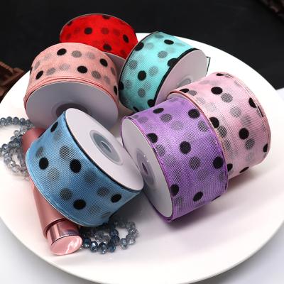 China Flocking New Designed Universal Retro Headdress Clothes Decoration 4cm Flocking Polka Dot Printing Woven Yarn Ribbon for sale