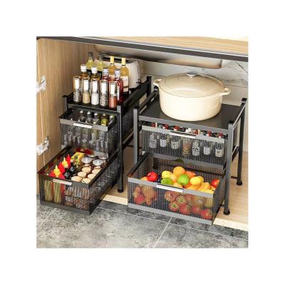 China Multifunctional Kitchen Storage Rack Durable Household Household Items Basket Under The Sink 2 Tier Storage Pull-Out Rack for sale