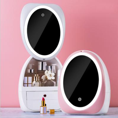 China Viable Skincare Dresser Storage Cosmetic Desktop Dustproof Storage Box With LED Makeup Mirror Best Prices Large Capacity Pink Jewelry for sale