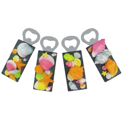 China Viable Makers Direct Logo Resin Crafts Beach Shell Fridge Magnets Stainless Steel Wholesale Custom Bottle Opener for sale