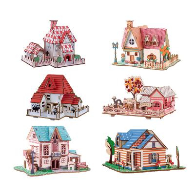 China 100% Eco-friendly Wholesale Children's Puzzle Games Toys Creative Small House 3D Assembly Building Wooden Puzzles for sale