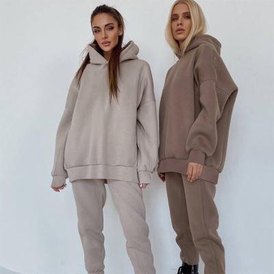 China 100% Polyester Anti-pilling Autumn Winter Long Sleeve Solid Color Hoodie Jogger Sweatsuit Two Piece Set Wholesale Casual Women Clothing for sale