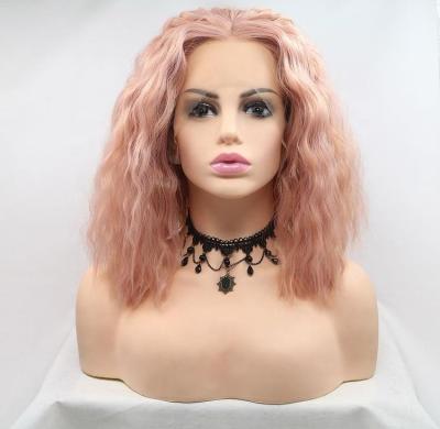 China Deep Wave Pink Bob Wig 13*3 Synthetic Hair Lace Up Wigs Bob For Black Woman Middle Cut Wavy Curly Part Three High Temperature Silk Combs for sale