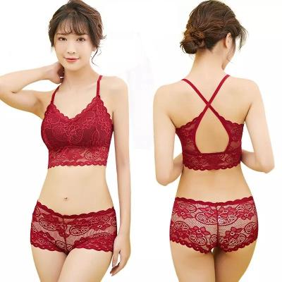 China QUICK DRY Bra Set Floral Pattern 2pcs Ladies Underwear Brassie V-Neck Bra Backless Panties Fit Lace Bra And Briefs Set for sale