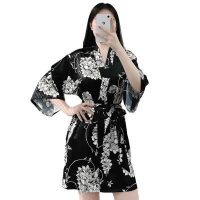 China New wholesale QUICK DRY silk sexy peony printed kimono long robe long robes satin nightgown bathrobe young woman for sale