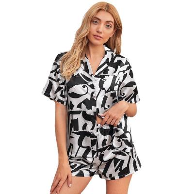 China QUICK DRY Black and White Casual Print Sleepwear Shorts Sleeve Shorts Satin Korean Pajamas Loungewear Two Piece Set for sale