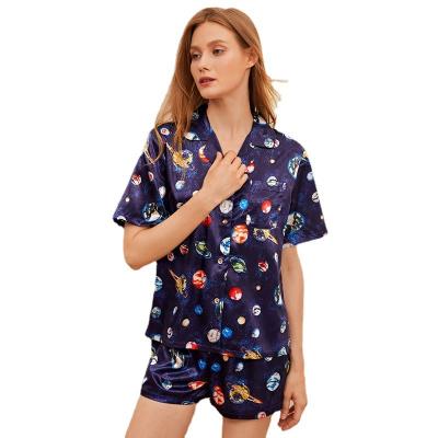 China Korean Summer QUICK DRY Nightwear Stain Print Planet Satin Sleepwear Sexy Short Sleeve Pajamas For Women for sale