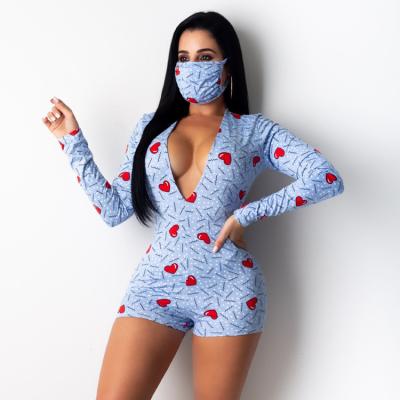 China 2021 Hot Sale QUICK DRY Women's Long Sleeve Pajamas One Piece With Shorts Brand Masked Printed Overalls pj onesie women for sale