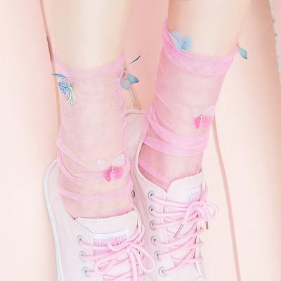 China Summer Fashion Butterfly Absorption Breathable Cool Mesh Transparent Pile Socks For Women for sale