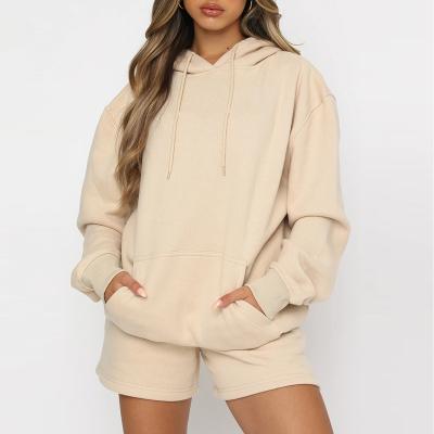 China Custom Anti-wrinkle women sportswear high quality cotton fleece women hoodie with shorts 2 piece set for sale