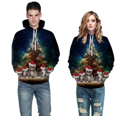 China Anti-Wrinkle OEM/ODM Customized Christmas Sweater Printed Cat Pullover Christmas Casual Hooded Couple Wear for sale