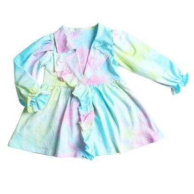 China Sustainable Kids Clothes For Girls Tie Dye Coat Sleeve Button Jacket Ruffle Design Girl V-Neck Closed Top for sale