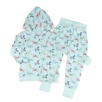 China Breathble Cozy Baby Pony Print Hooded Set Hoodie And Lace Up Set White Girls Clothing Print Pants Child Suit for sale