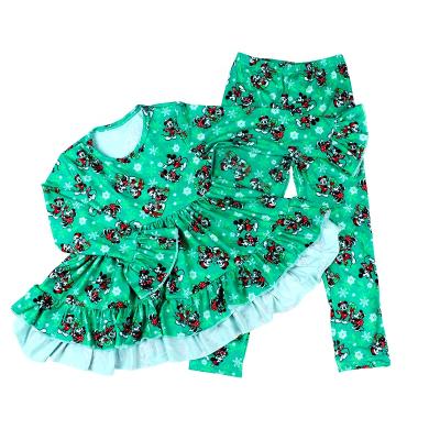 China Wholesale Comfortable Breathble Designer Girl Clothes 2 Pcs Sets Cartoon Green Dress Hi Low Tight Pants Fall Girls Suits for sale