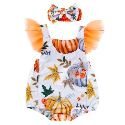 China Spandex/Cotton Fashion Babies Rompers Halloween Pumpkin Baby Jumpsuit With Headband Fly Short Sleeve Cross Back Baby Rompers for sale